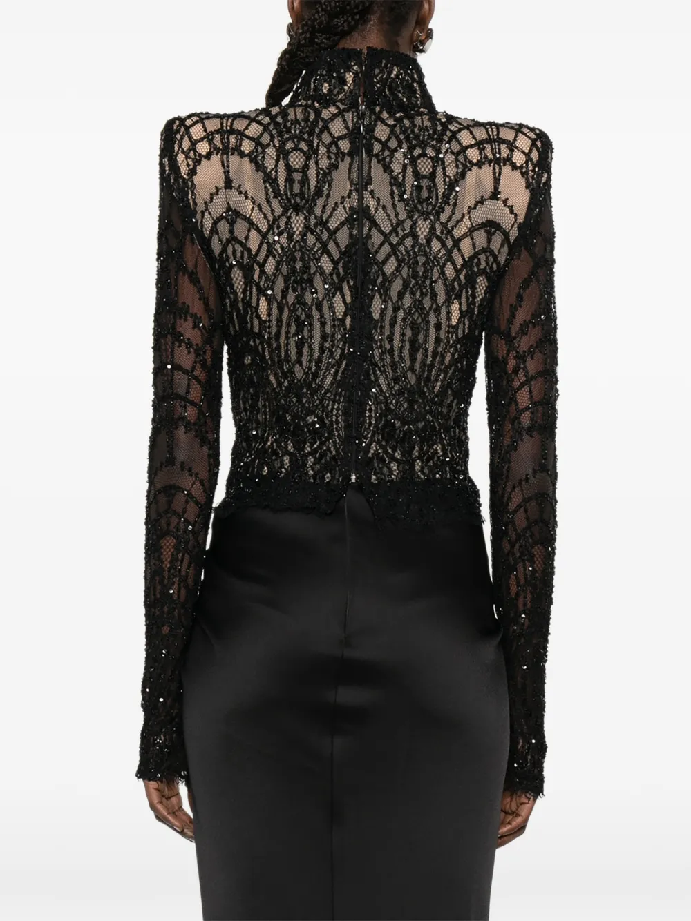 M.Marquise Blouse met pailletten en kant Zwart