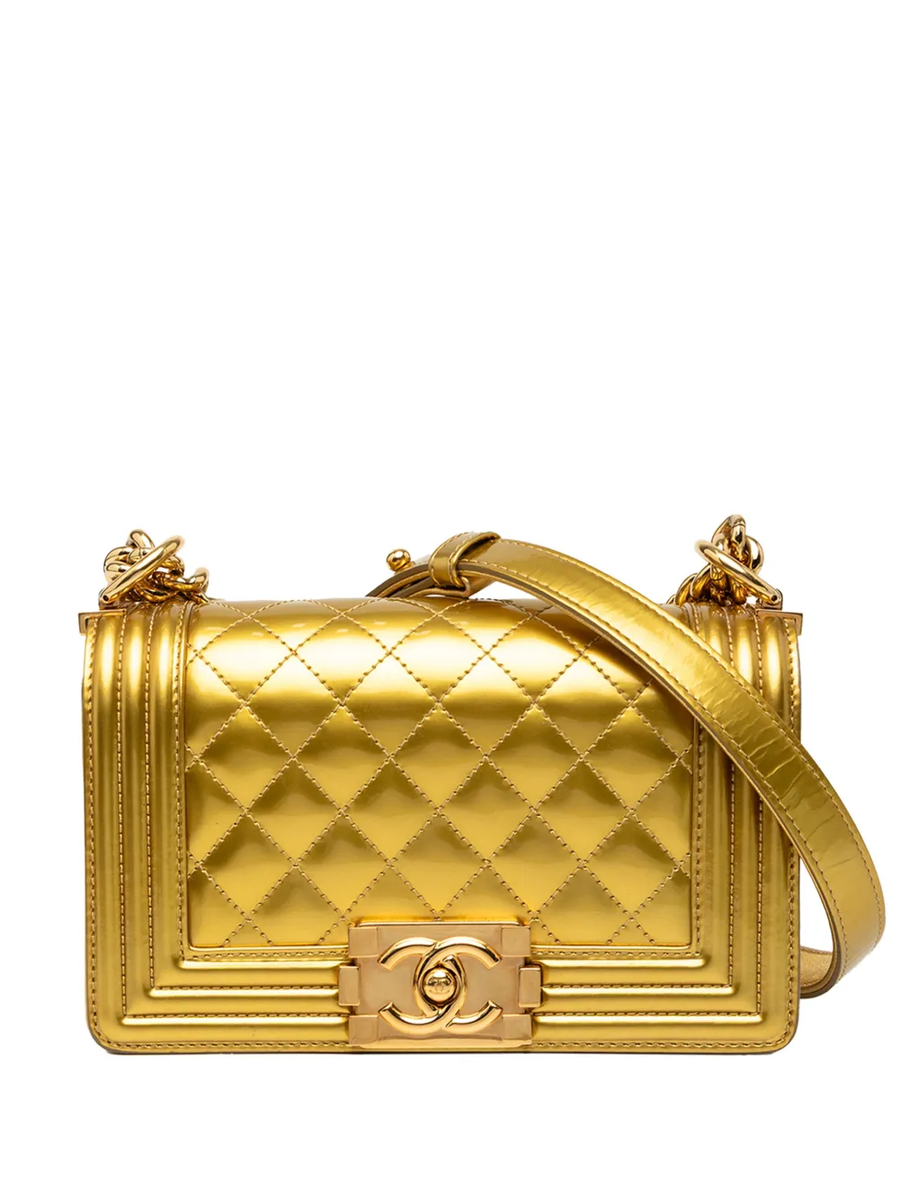 CHANEL Pre-Owned 2014 Small Quilted Metallic Patent Boy Flap crossbody bag - Oro