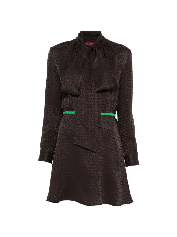 gucci green patterned dress Horsebit Silk Jacquard Dress, Size 44 IT, Brown SCHL003168_R_M