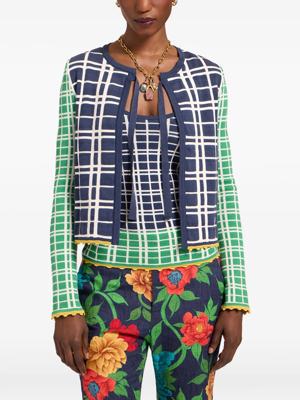 La Doublej Tie Front Checked Cardigan In Blue