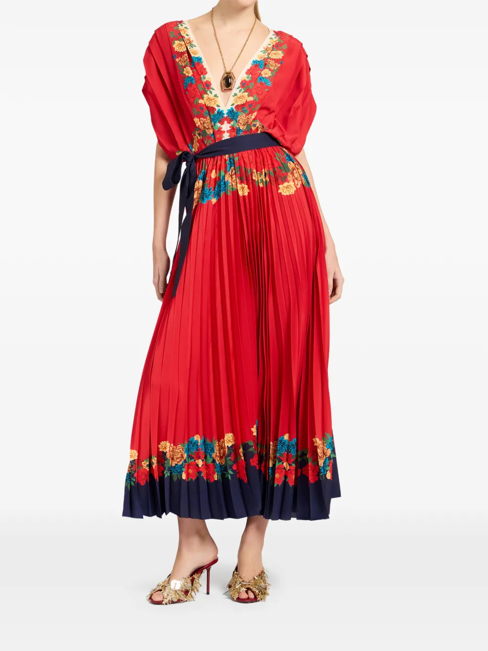 La Doublej Accordion Pleated Floral-print Crepe De Chine Maxi Dress In Brown