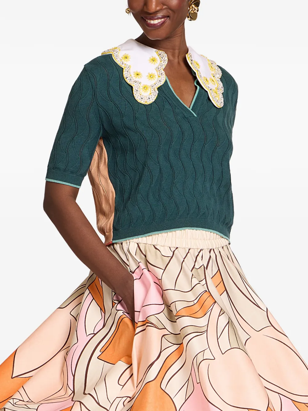 La DoubleJ colour block embellished collared top - Verde