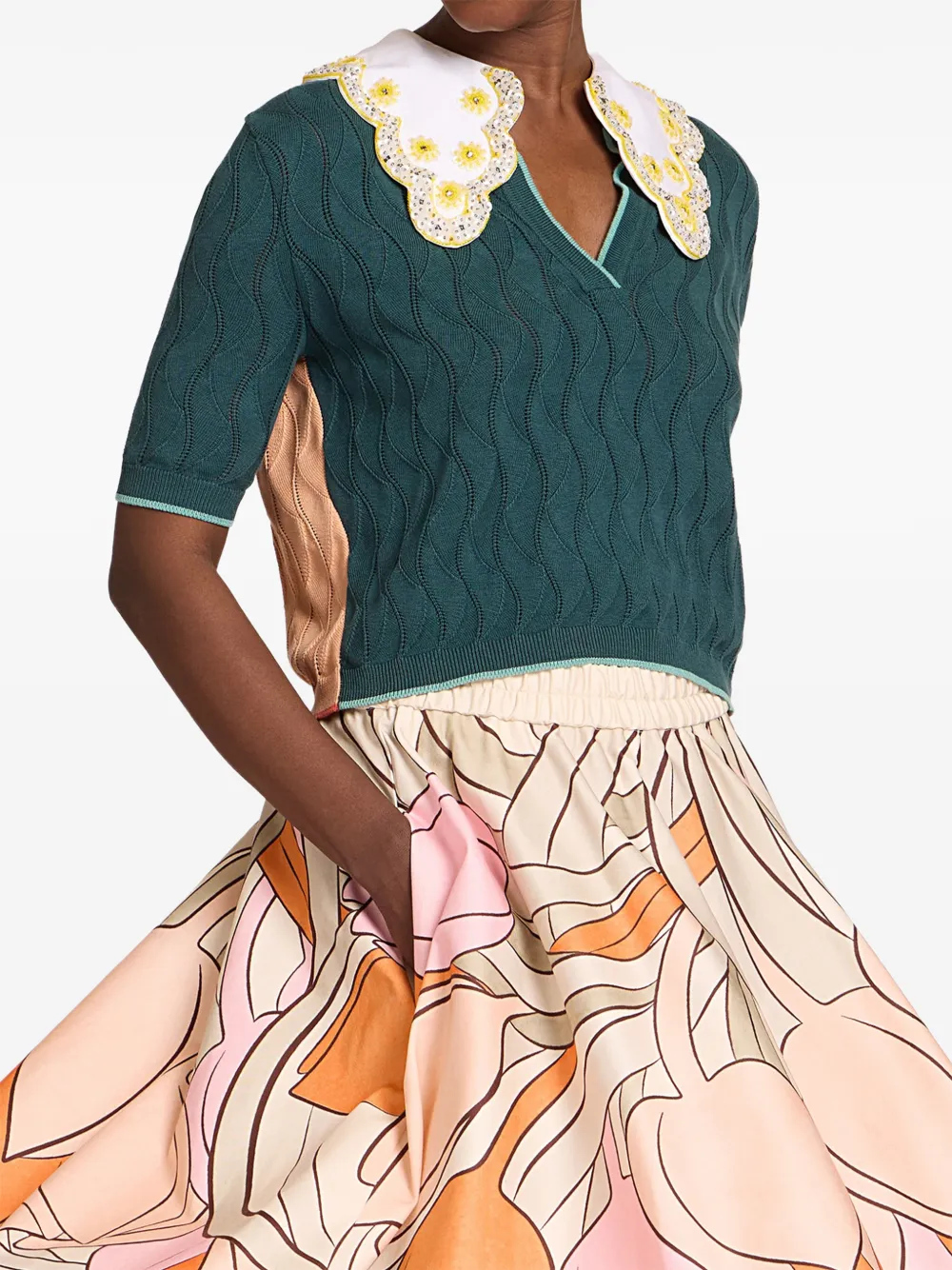 La DoubleJ colour block embellished collared top - Verde