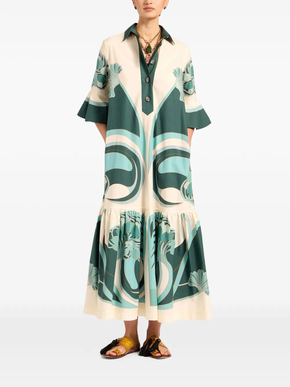 La DoubleJ Artemis jurk met bloemenprint en ruches Beige