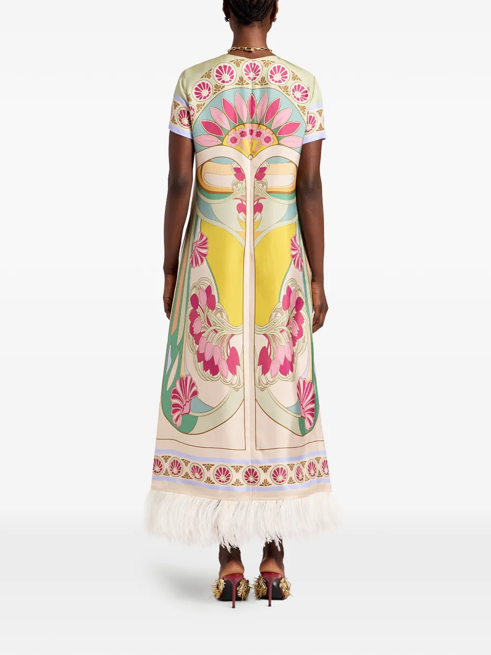 La DoubleJ Tulip Placée Swing zijde-twill jurk met veren Groen