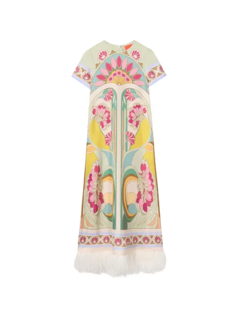 La DoubleJ Tulip Placée Green in silk twill with feathers Swing dress
