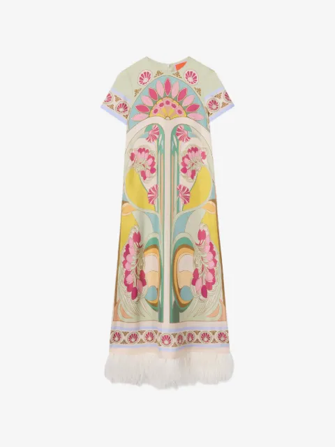 La DoubleJ vestido Swing Tulip Placée Green de sarga de seda con plumas