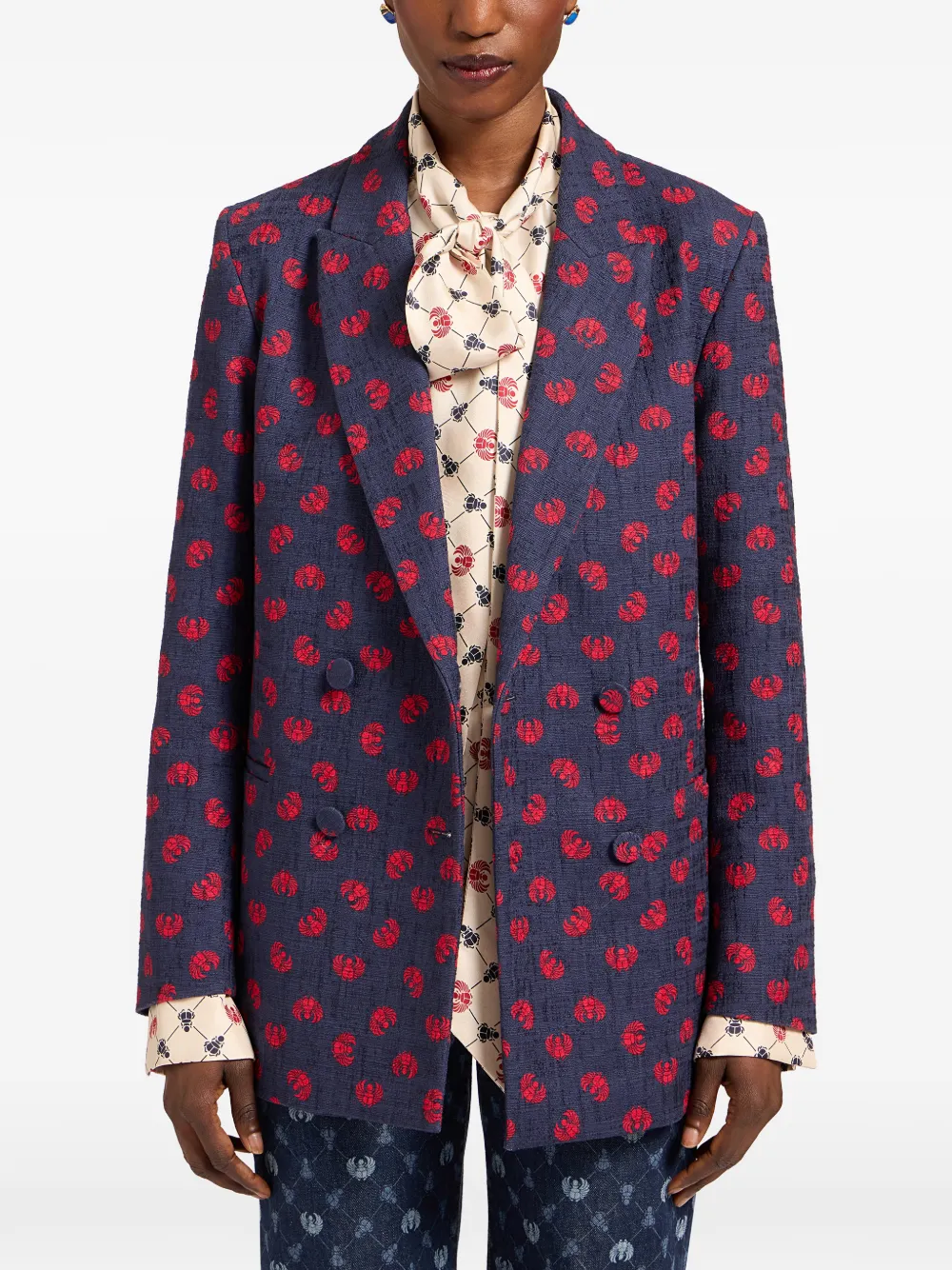  La Doublej Floral-print Double-breasted Blazer - Blue 