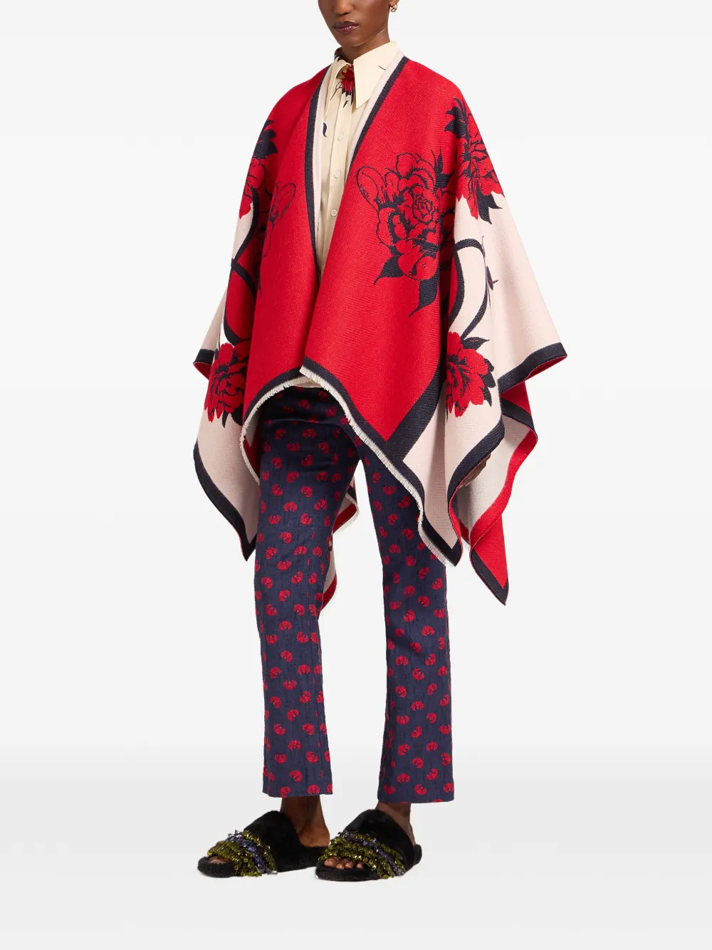 La DoubleJ Wollen poncho met bloemenprint Rood