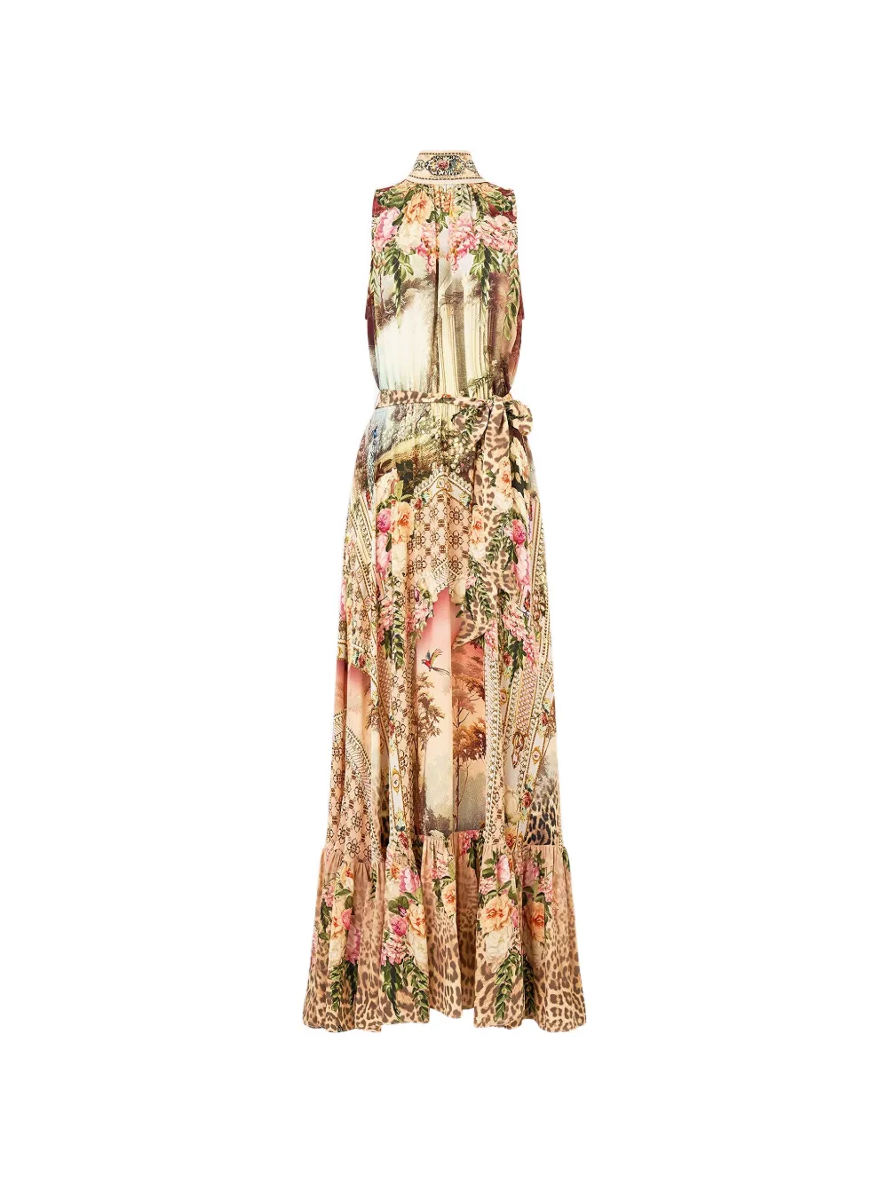 Camilla Watercolour Wonderland maxi-jurk met elastische taille en halsstrik Beige