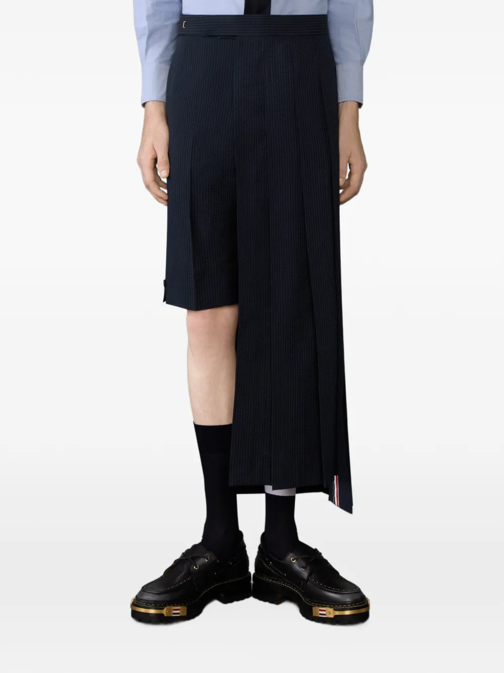 Thom Browne Seersucker wollen plooirok met ceintuur Blauw