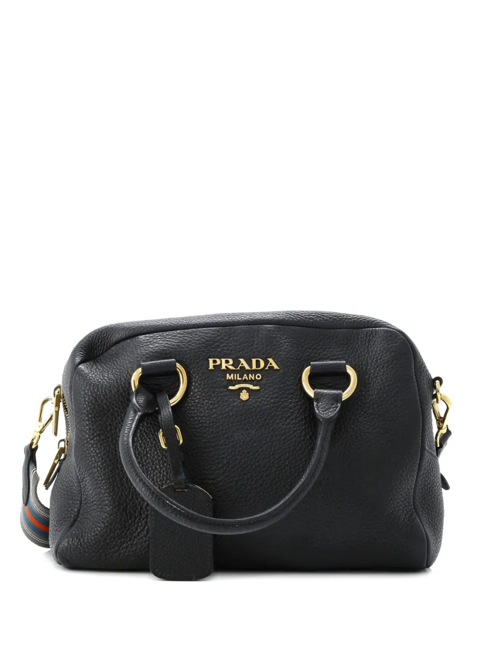 Prada Pre-Owned Striped Strap Convertible Bauletto Bag Vitello Phenix Medium satchel - Nero