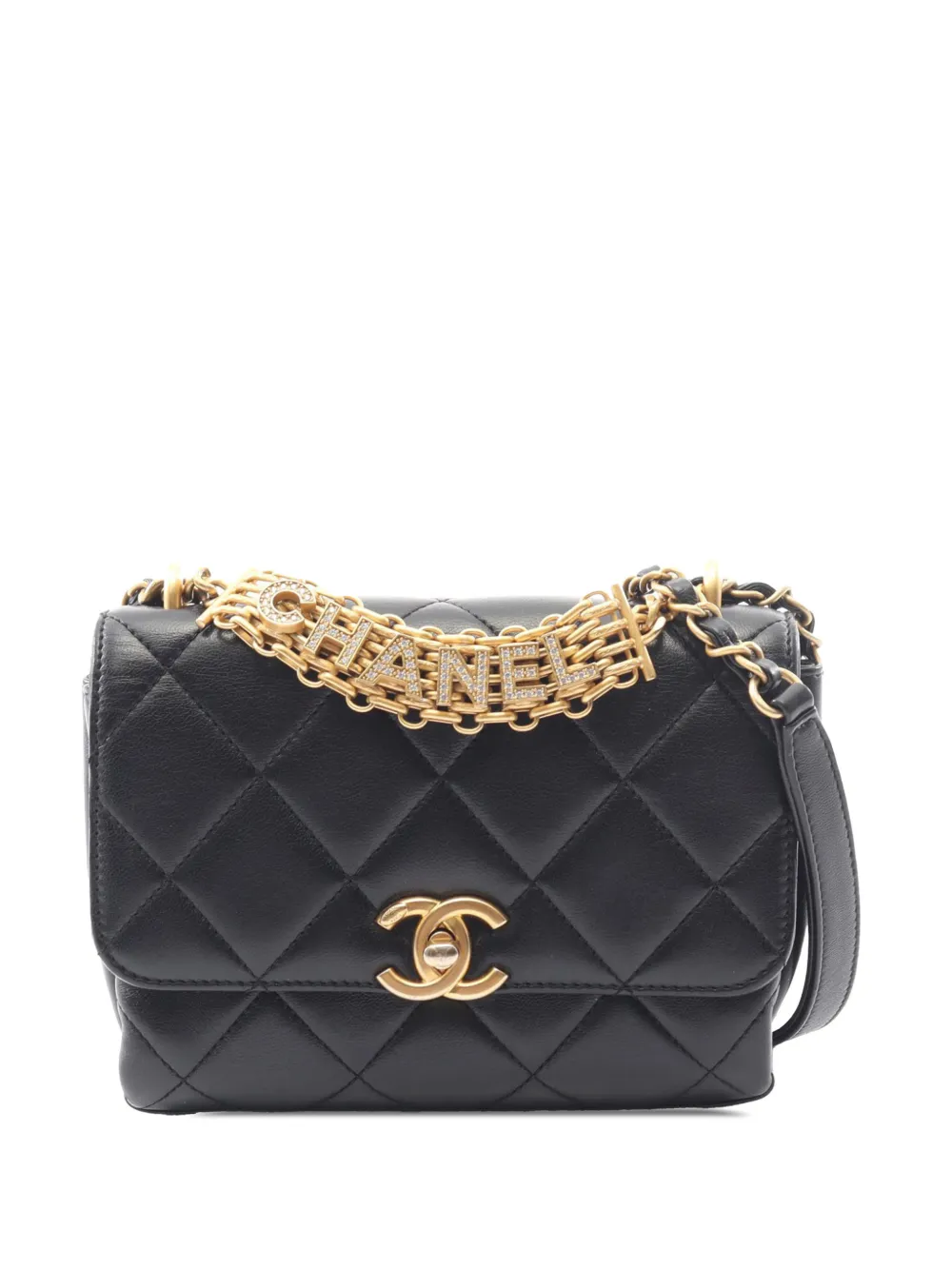 CHANEL Pre-Owned 2021-2026 Small Quilted Lambskin Crystal Logo Letters Chain Handle Flap crossbody bag - Nero