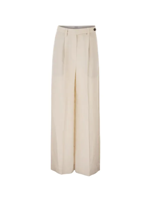 Brunello Cucinelli Linen Fluid Twill Wide Trousers with Monili in Neutrals