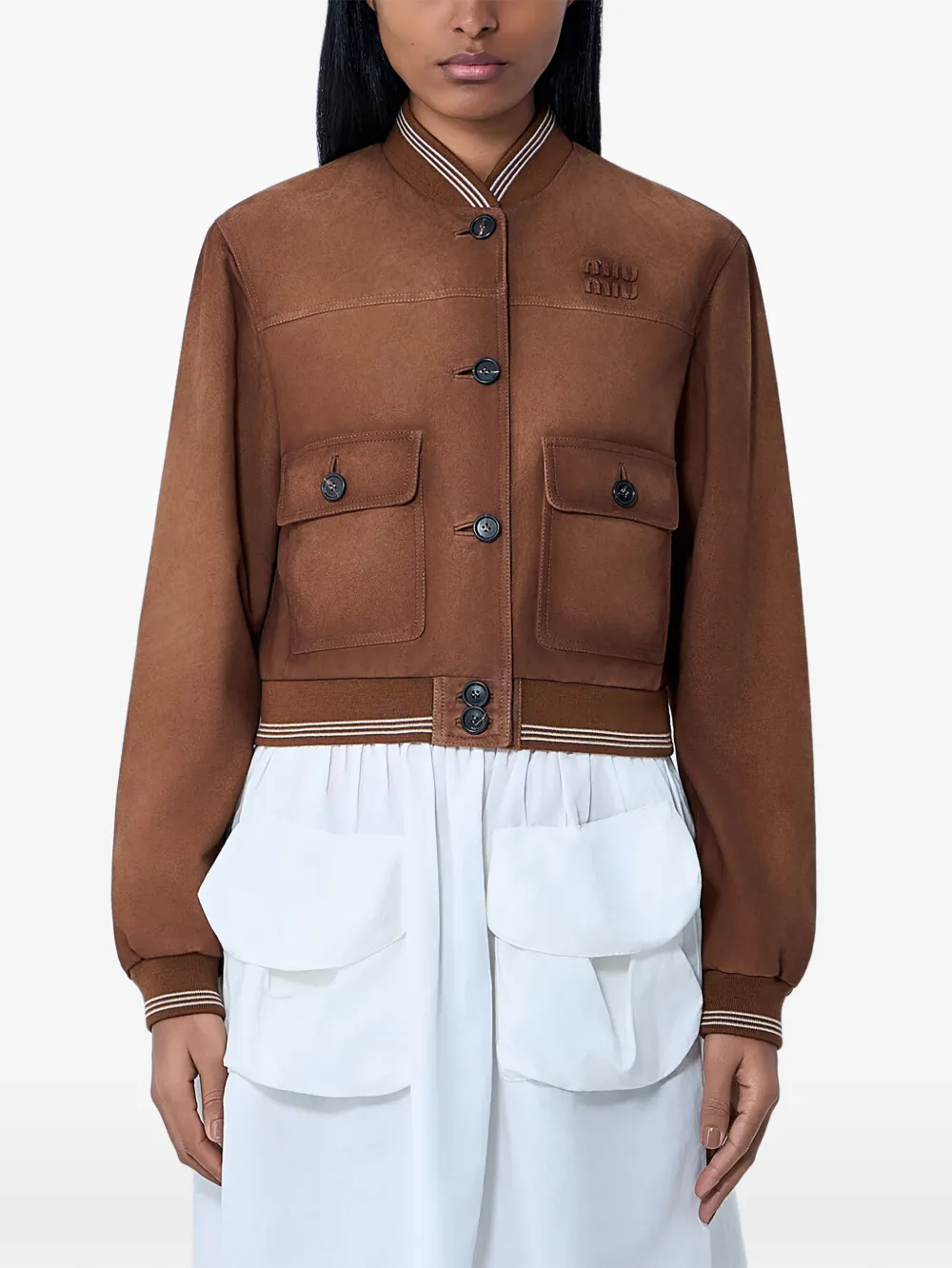 Miu Miu button-up rib-trim leather jacket - Marrone