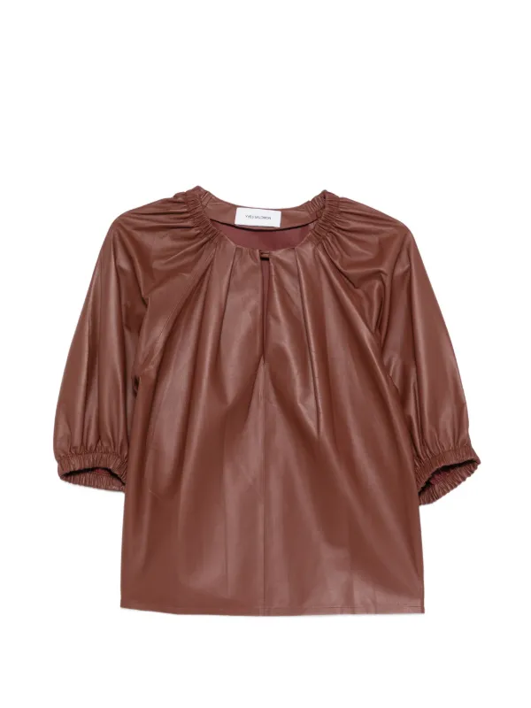 Yves Salomon Gathered Leather Top in Brown