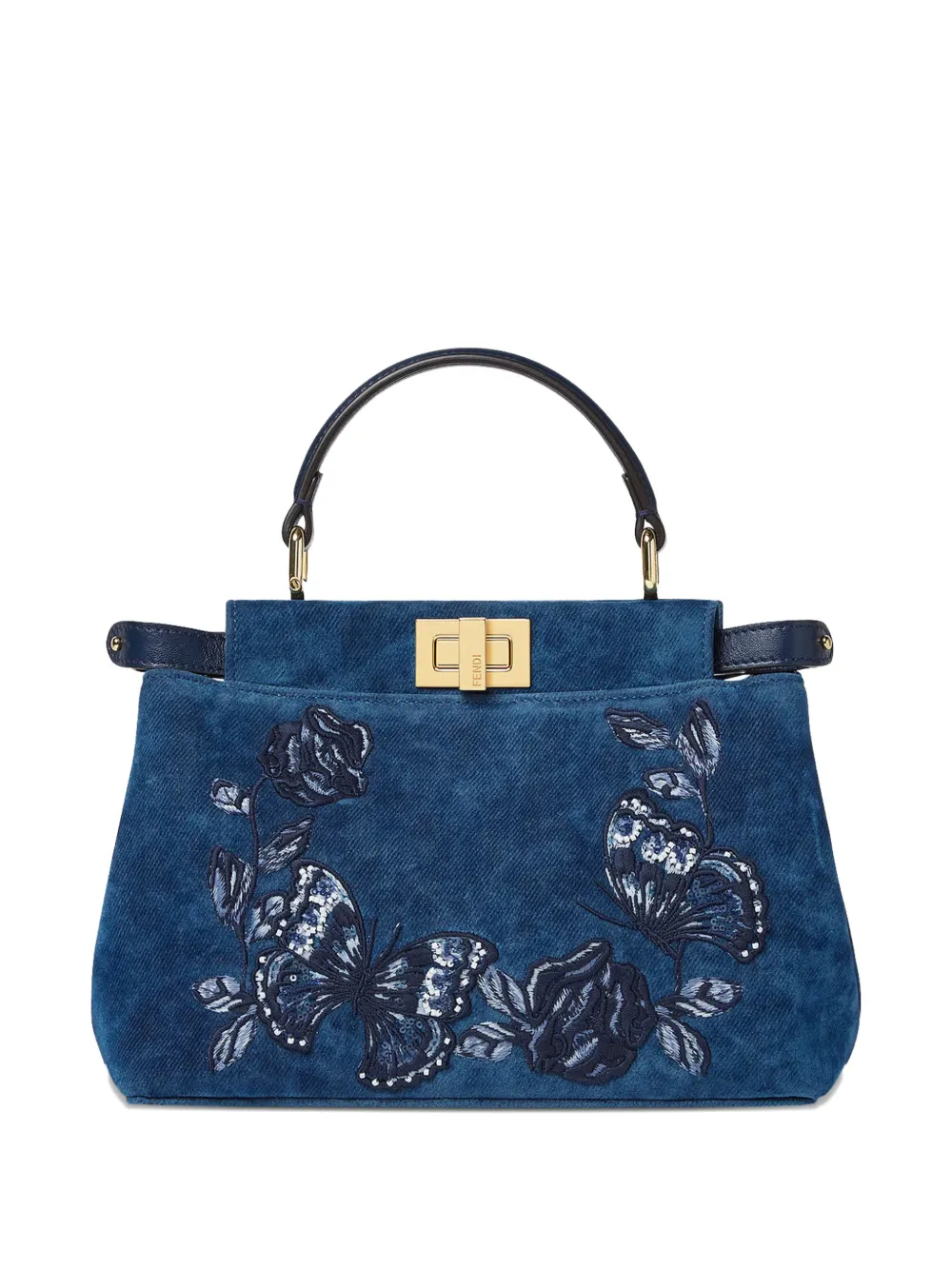FENDI mini Peekaboo floral-embroidered denim tote bag - Blu