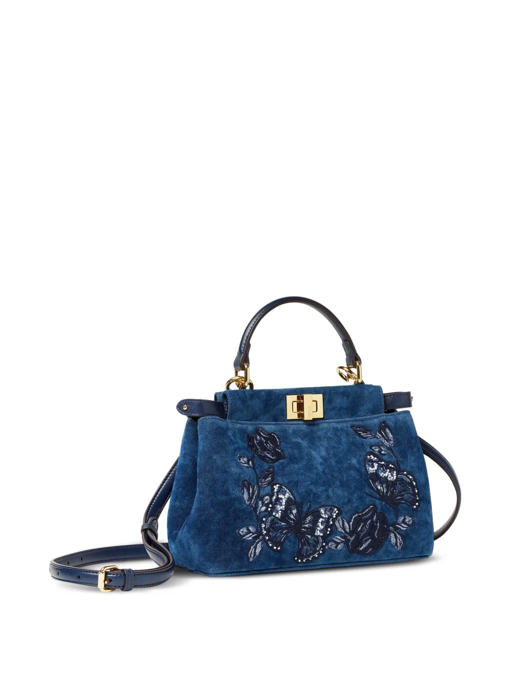 FENDI Peekaboo denim mini-shopper met geborduurde bloemen Blauw