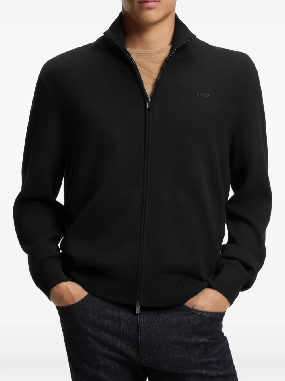 BOSS Katoenen vest met rits en logo Zwart