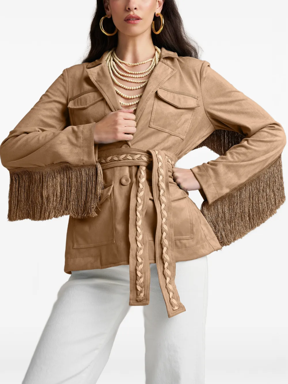 PHO FIRENZE fringed belted jacket - Marrone
