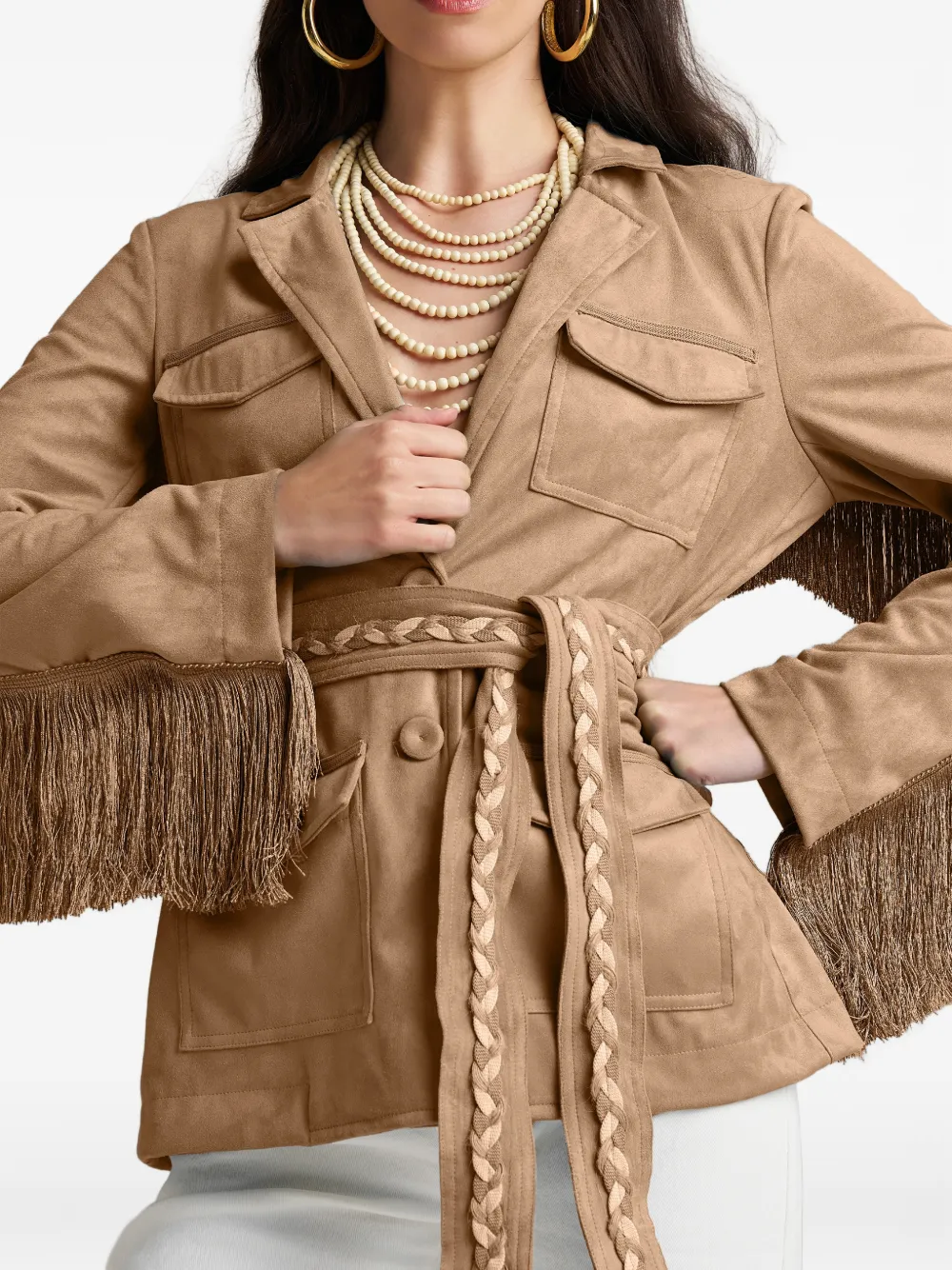  Pho Firenze Fringed Belted Jacket - Brown 