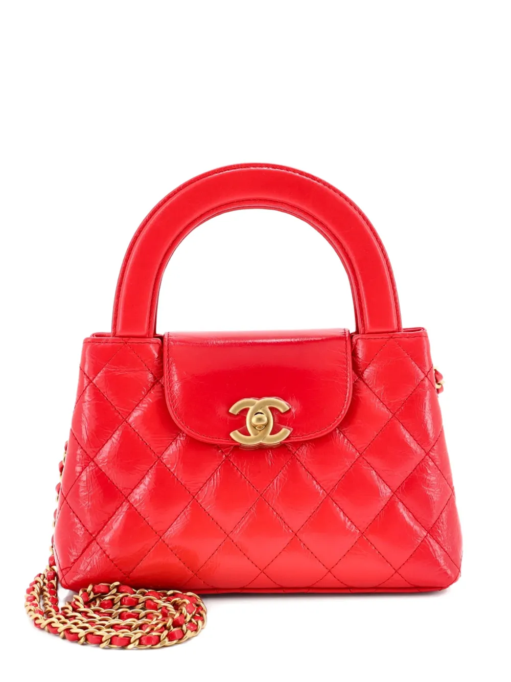 CHANEL Pre-Owned Kelly Top Handle Shopping Bag Quilted Shiny Aged Calfskin Mini satchel - Rosso
