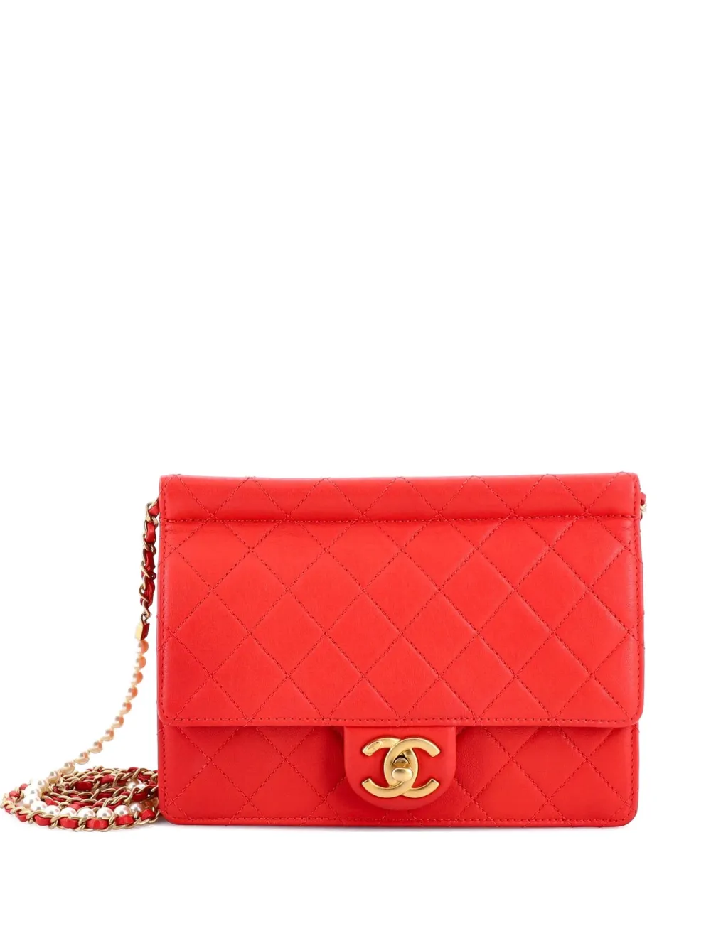CHANEL Pre-Owned Pearl Chain Flap Bag Quilted Lambskin Medium crossbody bag - Rosso