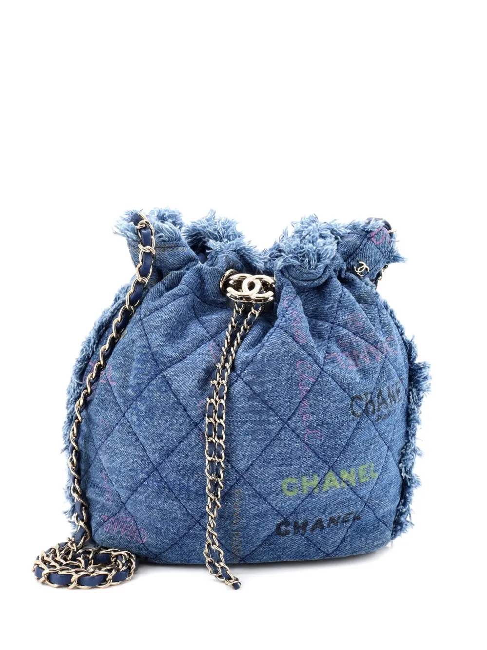 CHANEL Pre-Owned Denim Mood Chain Logo Printed Quilted Fringe Denim Medium bucket bag - Blu