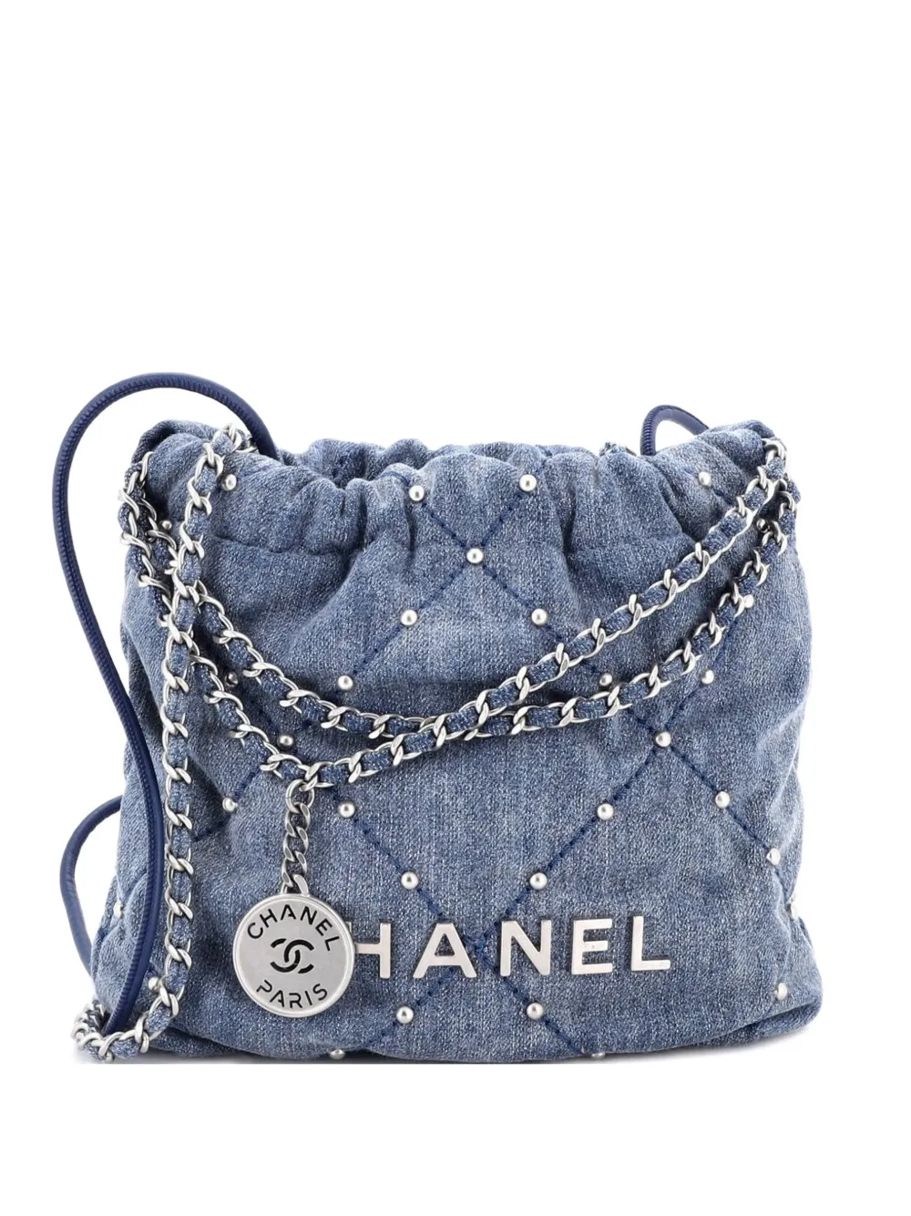 CHANEL Pre-Owned 22 Chain Quilted Studded Denim Mini hobo bag - Blu