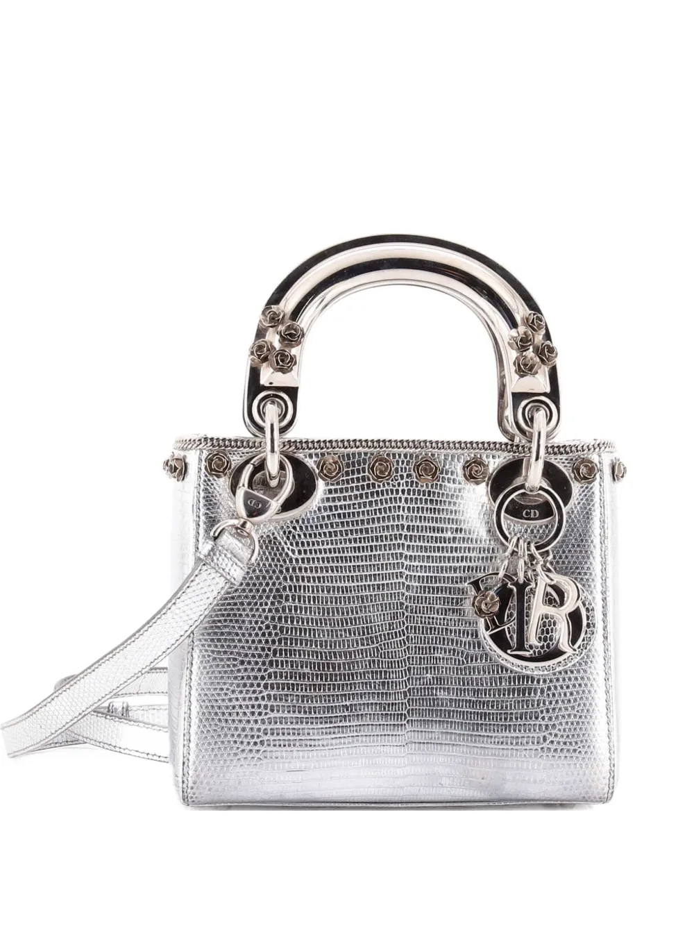 Christian Dior Pre-Owned Lady Dior Bag Lizard with Metal Applique Mini satchel - Argento