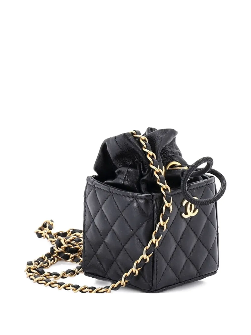 Drawstring Square Quilted Calfskin Mini Bucket Bag