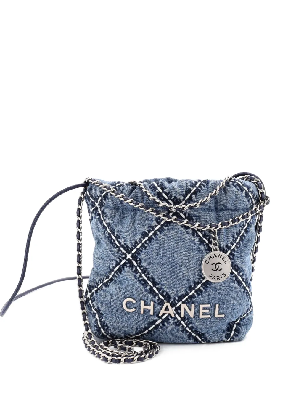 CHANEL Pre-Owned Borsa passepartout 22 mini in denim trapuntato con catena - Blu