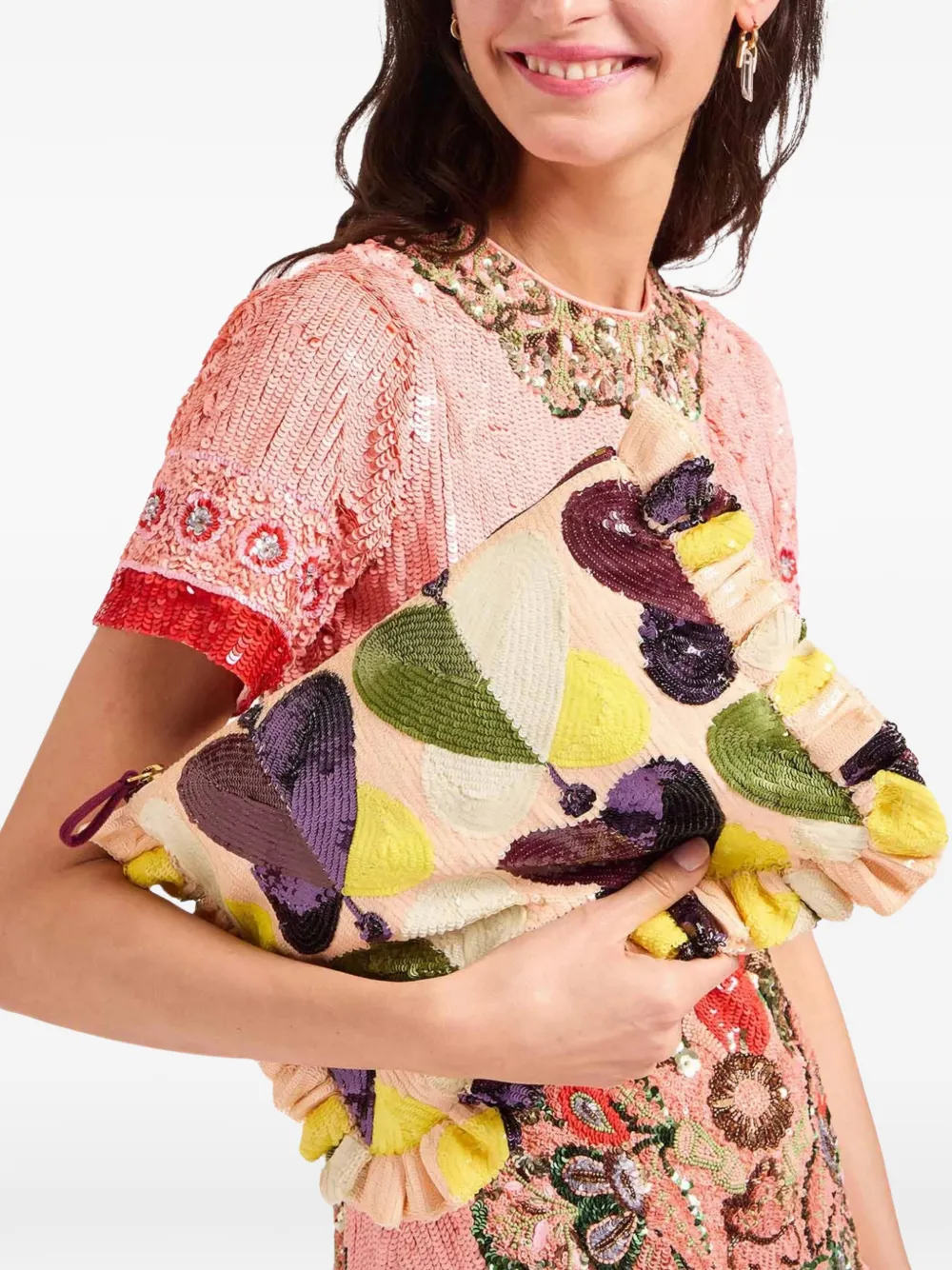 La DoubleJ Clutch met pailletten en ruches Roze