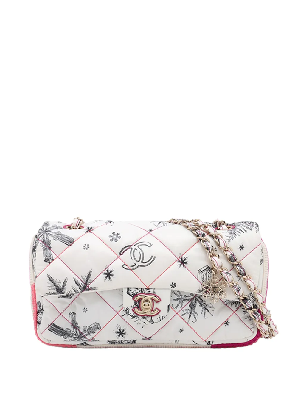 CHANEL Pre-Owned 2019 Medium Classic Nylon Knit Coco Neige Snowflake Single Flap shoulder bag - Bianco