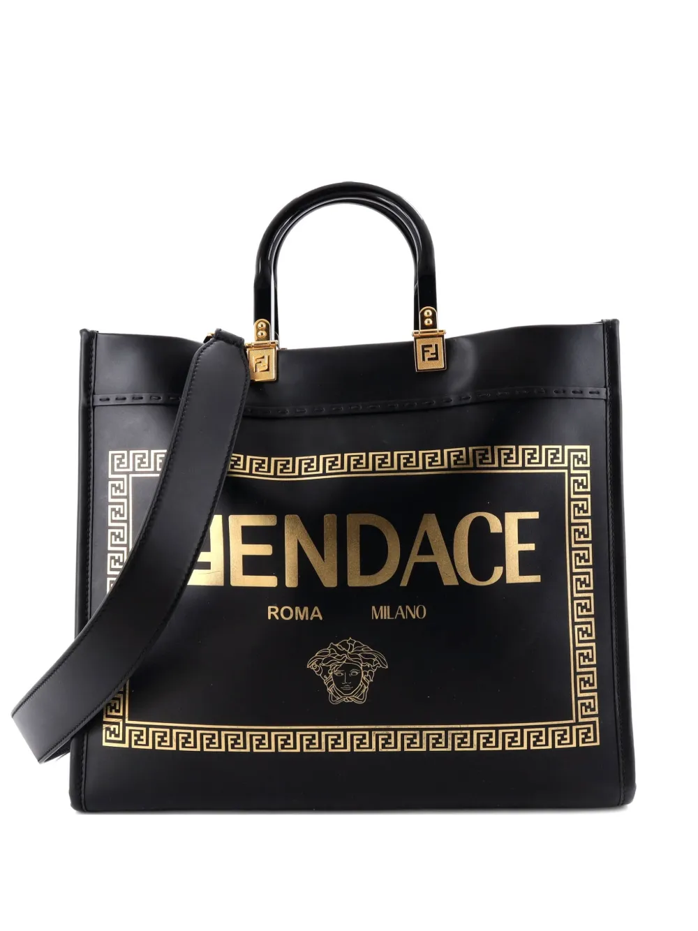 Fendi Pre-Owned x Versace Fendace Convertible Sunshine Shopper Printed Leather Medium tote bag - Nero
