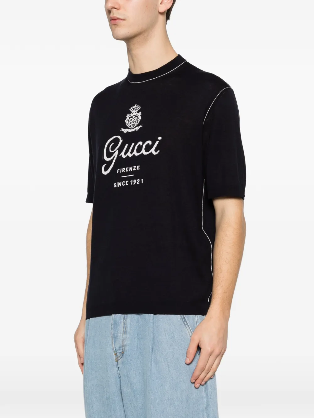 Gucci Knit Silk Linen T-shirt With Intarsia | Blue | FARFETCH AU