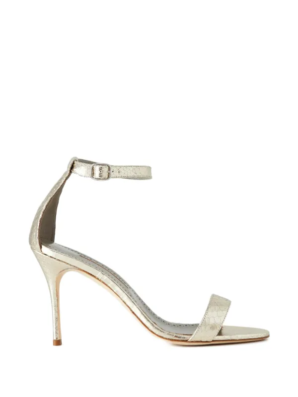 Manolo Blahnik Chaos Snakeskin Almond-toe Sandals in Gold