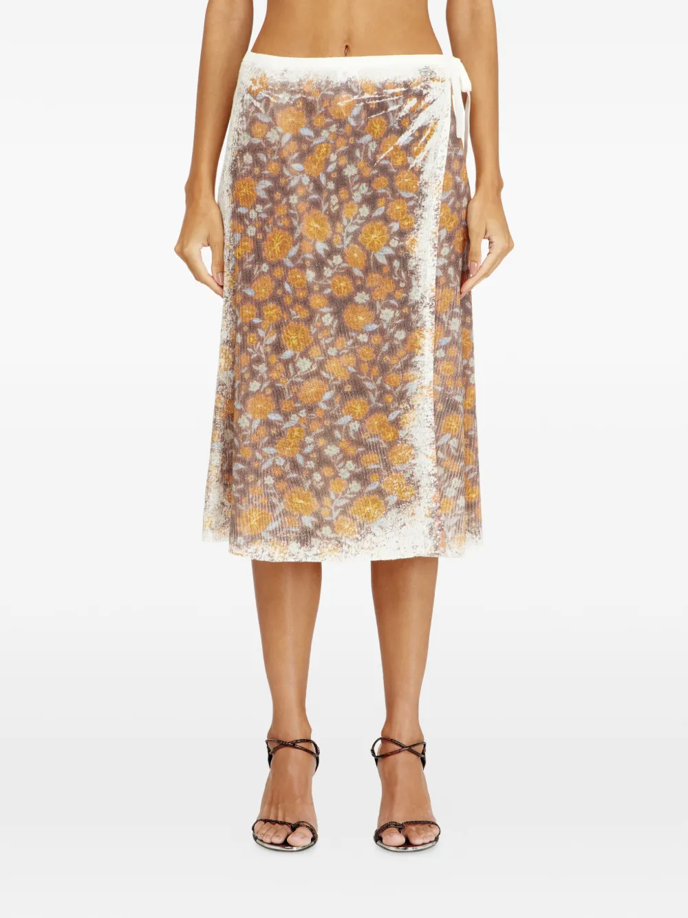  Diesel B-blomette Floral Ribbed Wrap Midi Skirt - Brown 