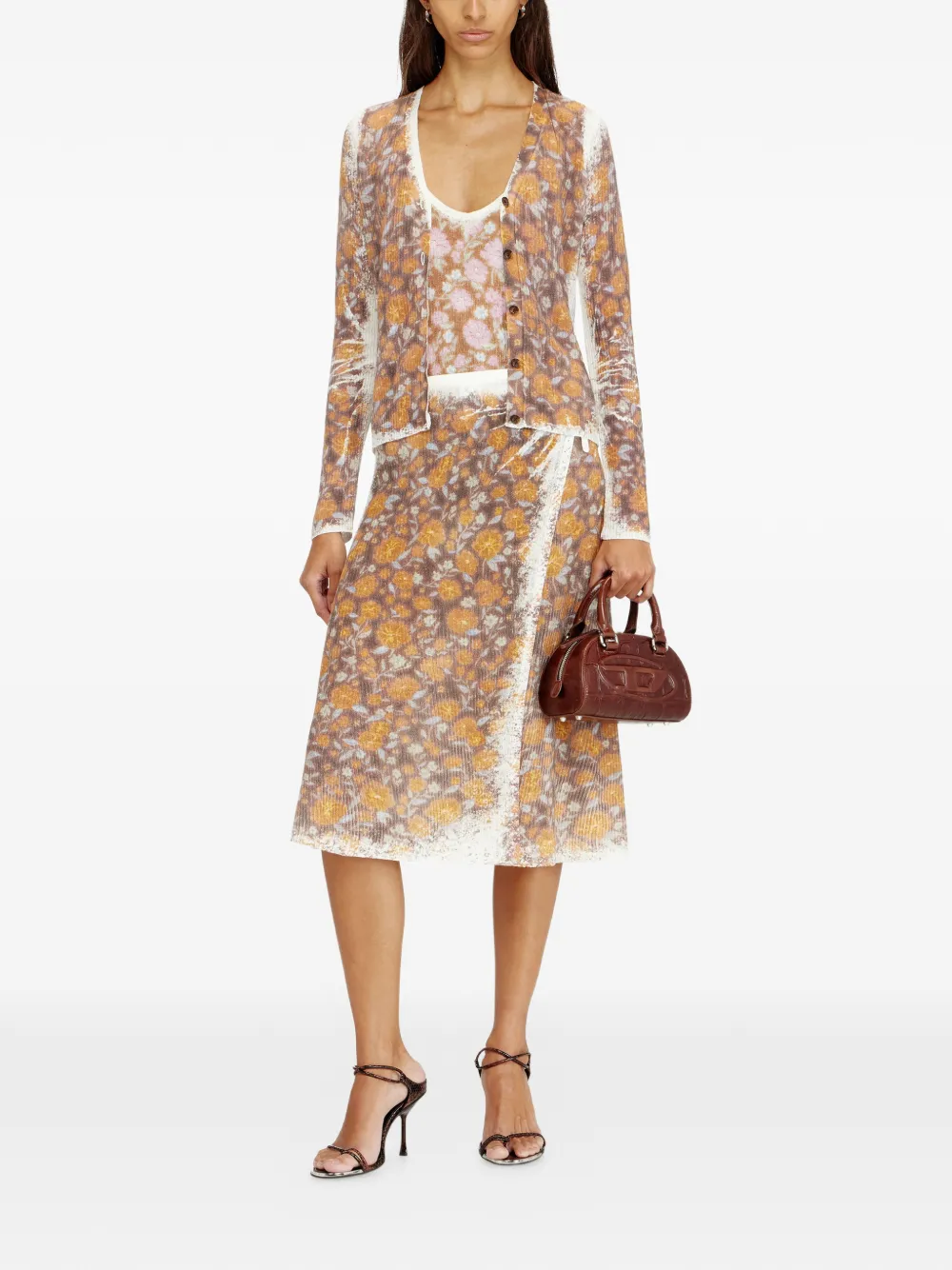  Diesel B-blomette Floral Ribbed Wrap Midi Skirt - Brown 
