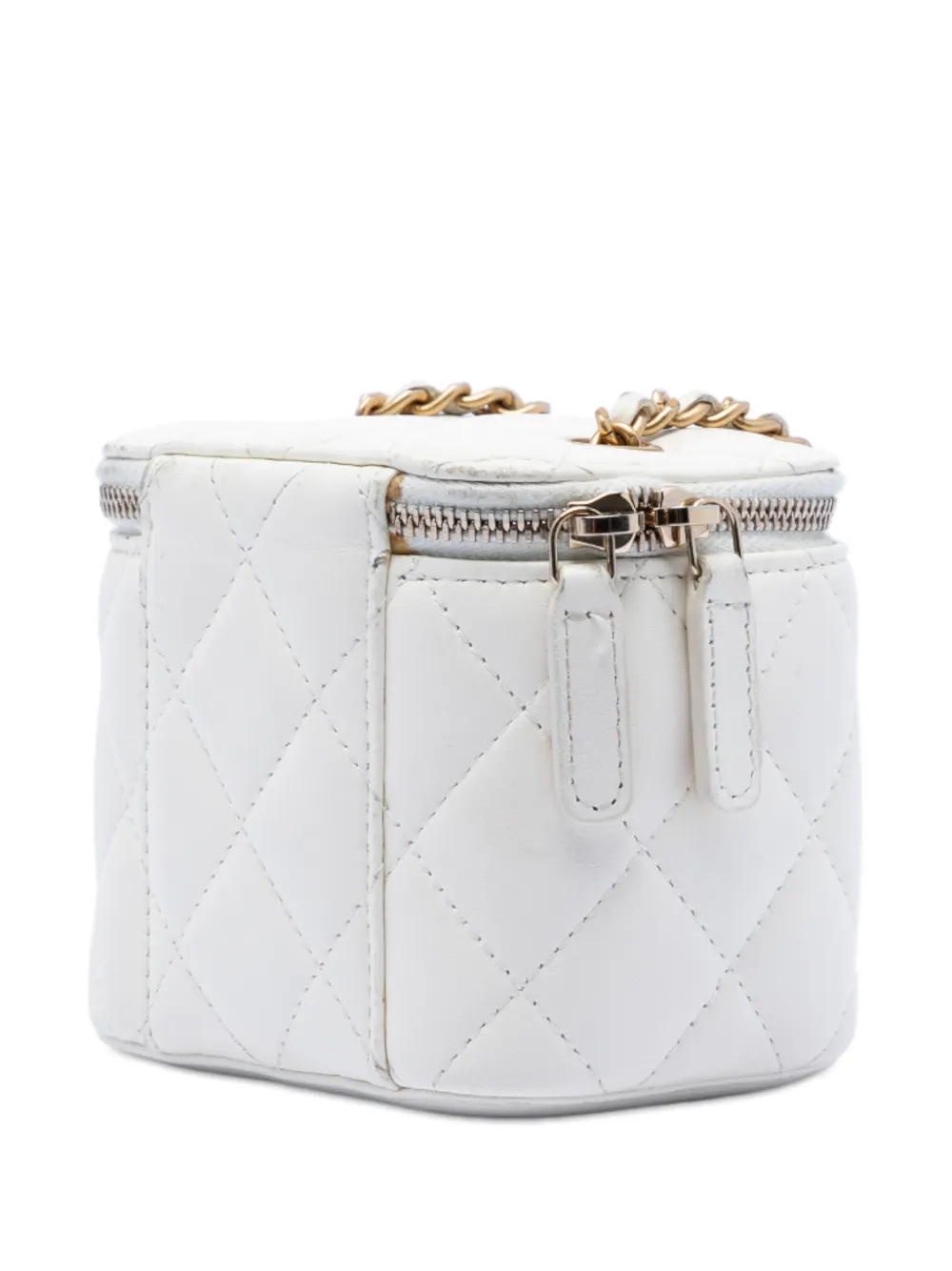  Chanel Pre-owned 2021 Mini Quilted Lambskin Pearl Crush Vanity Case With Chain Crossbody Bag - White 