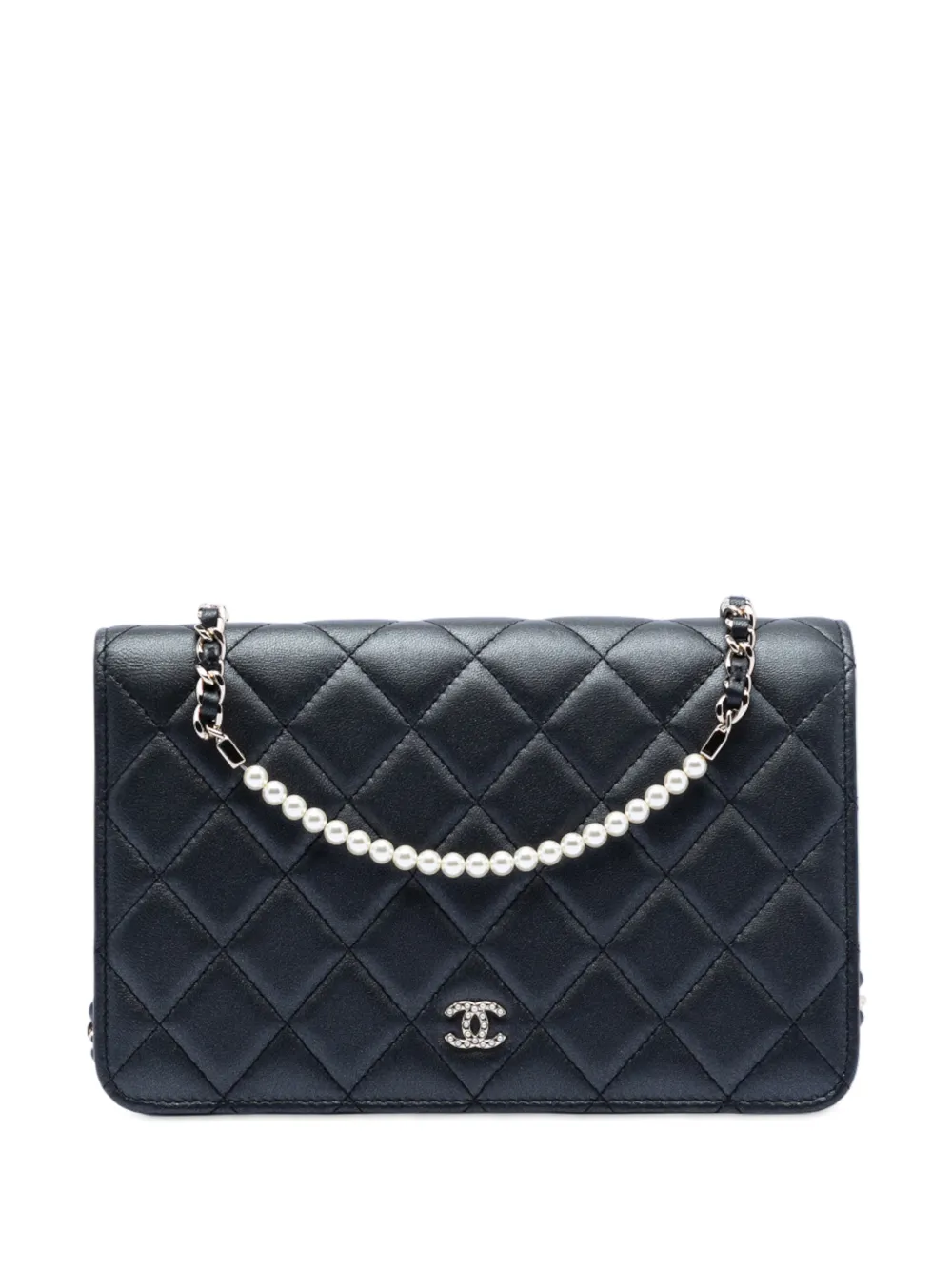 CHANEL Pre-Owned Borsa a tracolla CC in pelle di agnello trapuntata con tracolla di perle 2019 - Nero