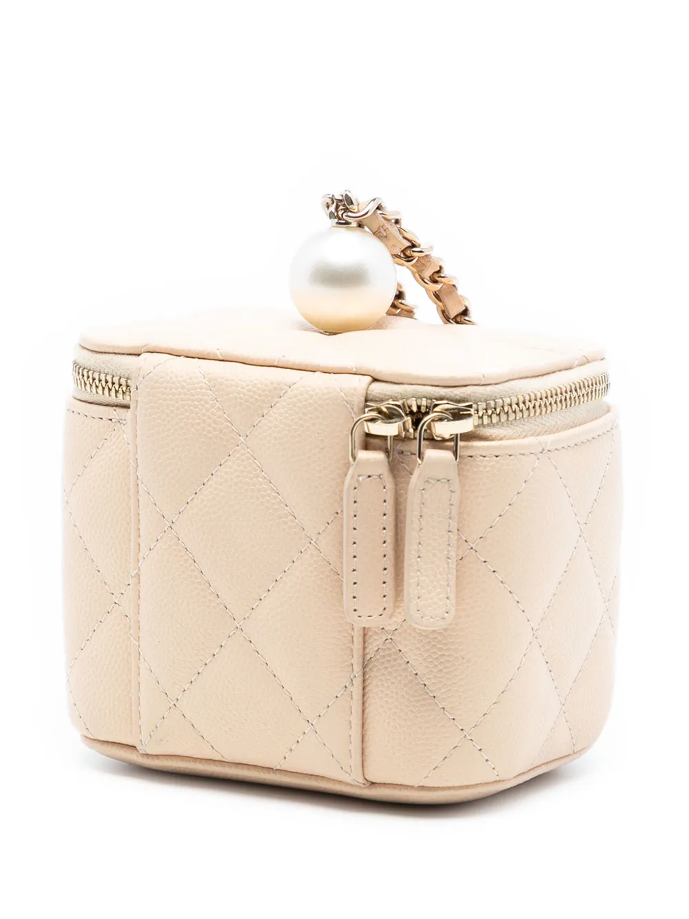  Chanel Pre-owned 2021 Mini Quilted Iridescent Caviar Pearl On Top Vanity Case With Chain Clutch Bag - Brown 