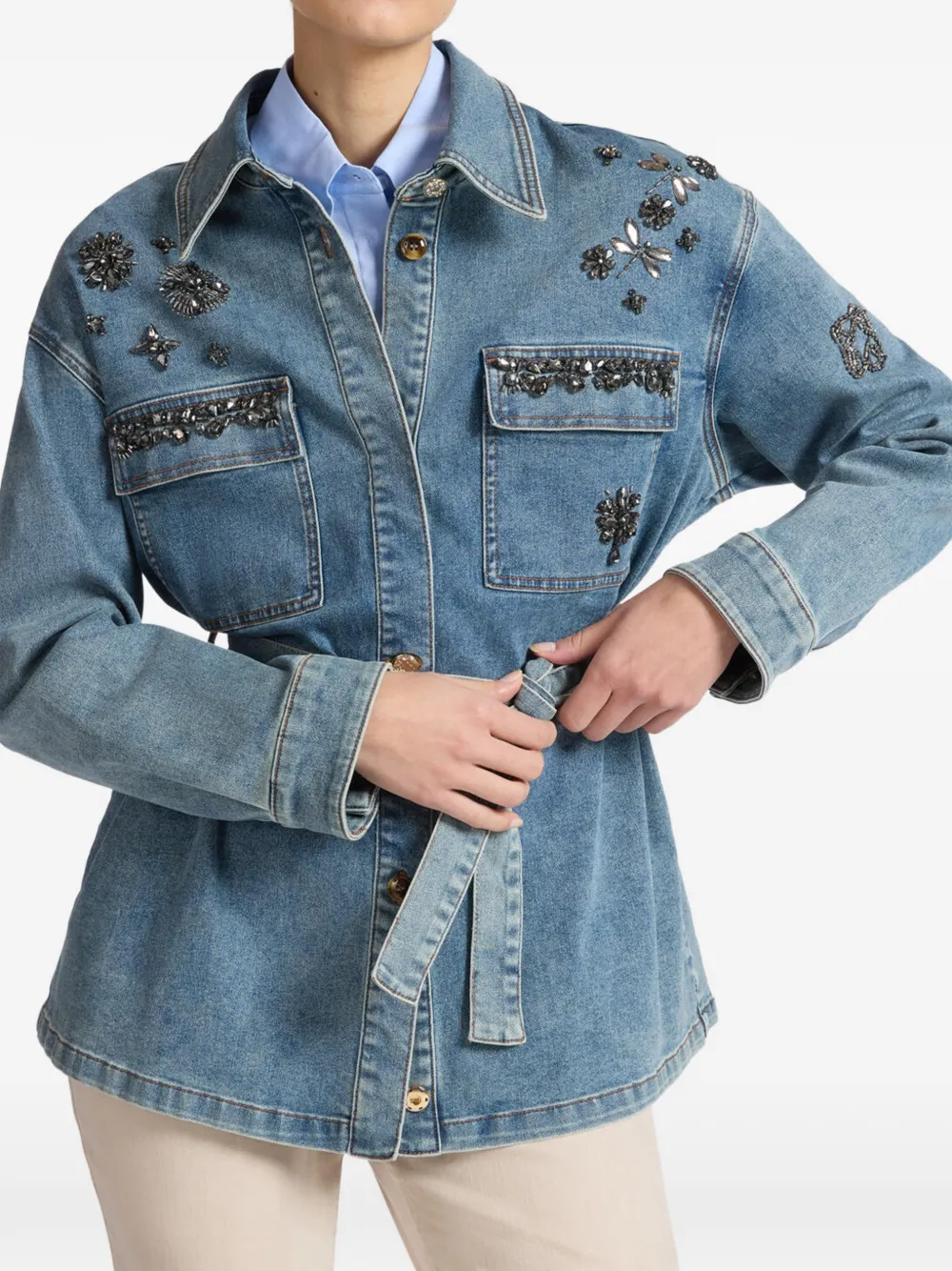  Elena Miro` Apliqués Embellished Denim Jacket - Blue 