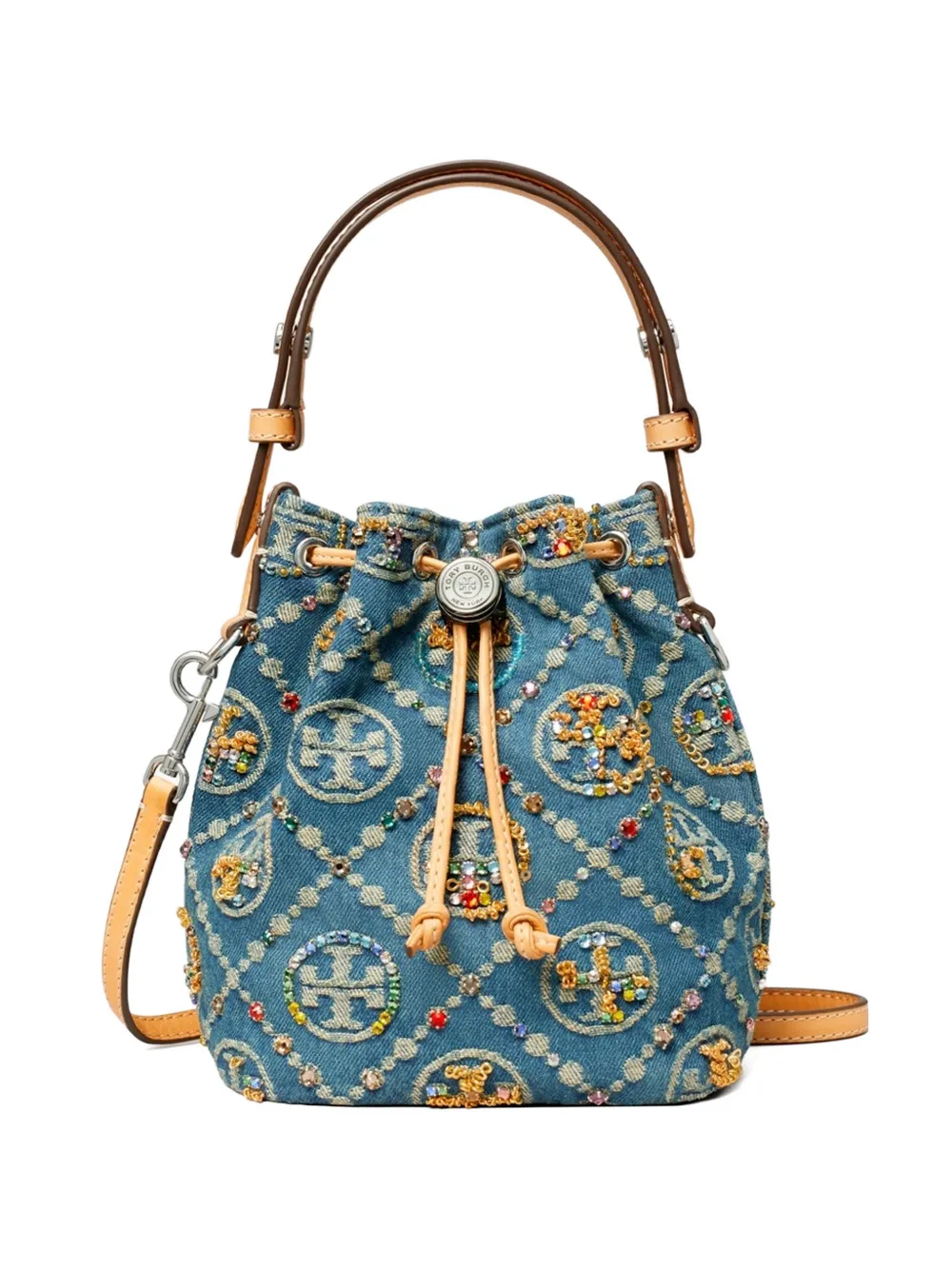 Tory Burch Borsa a secchiello denim mini con monogramma - Blu