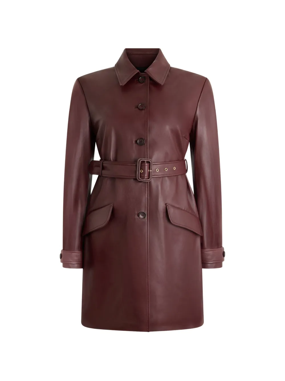 Bally Belted Leather Coat In Burgundy