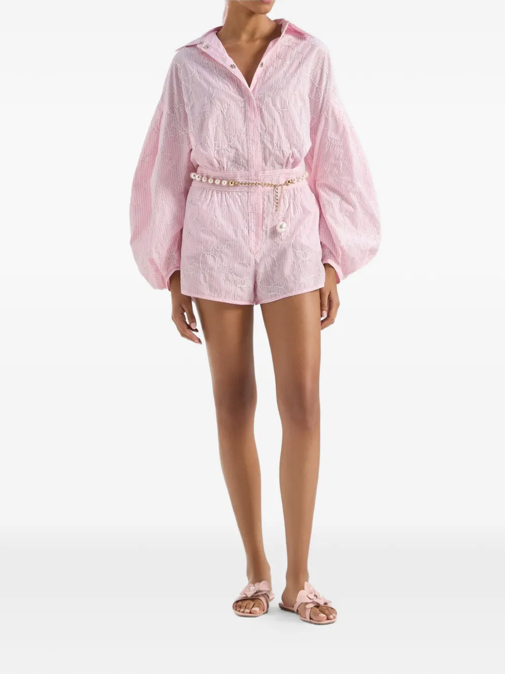  Genny Striped Balloon Sleeve Playsuit - Pink 