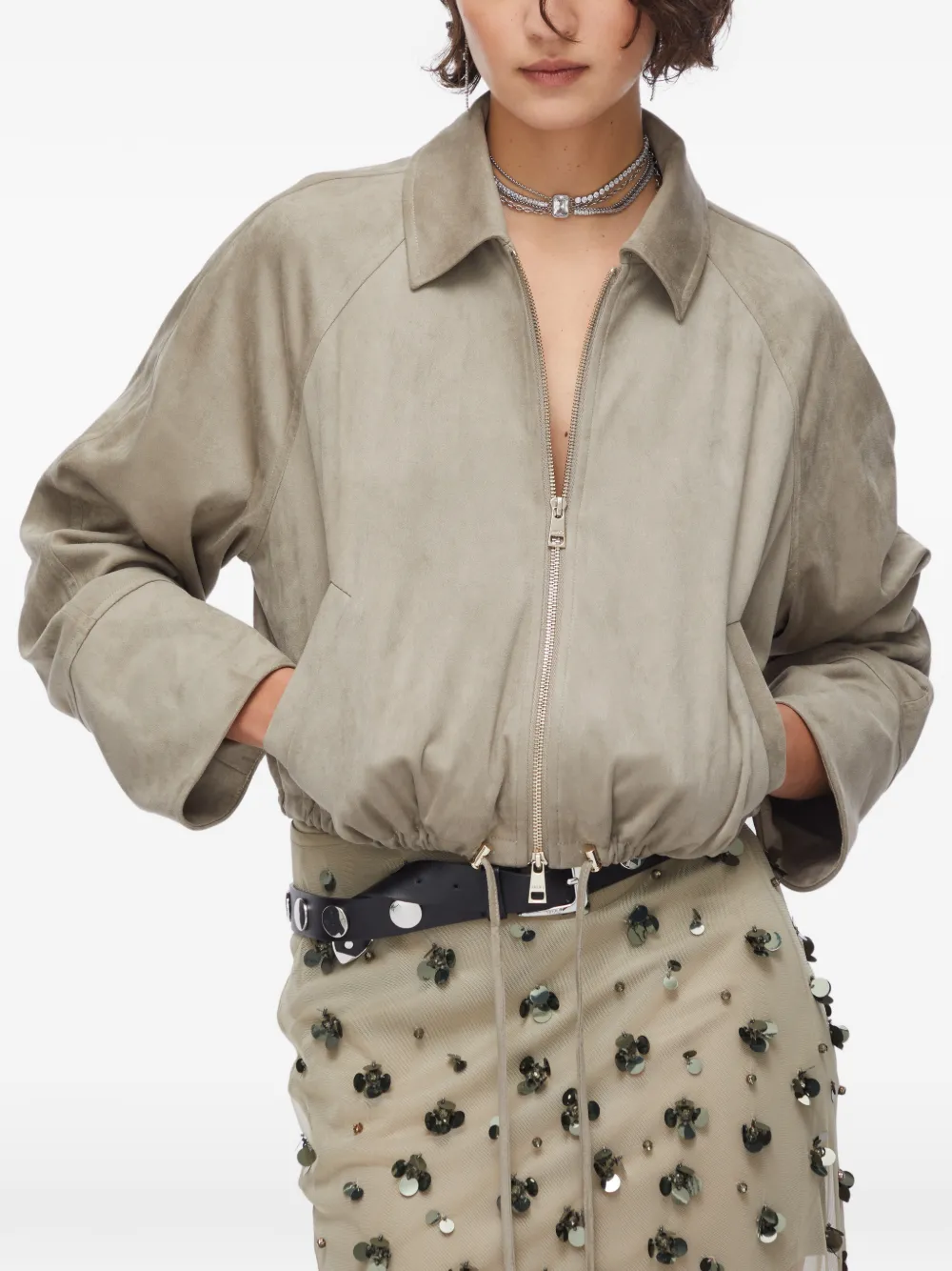  Liu Jo Drawstring Suede Bomber Jacket - Grey 