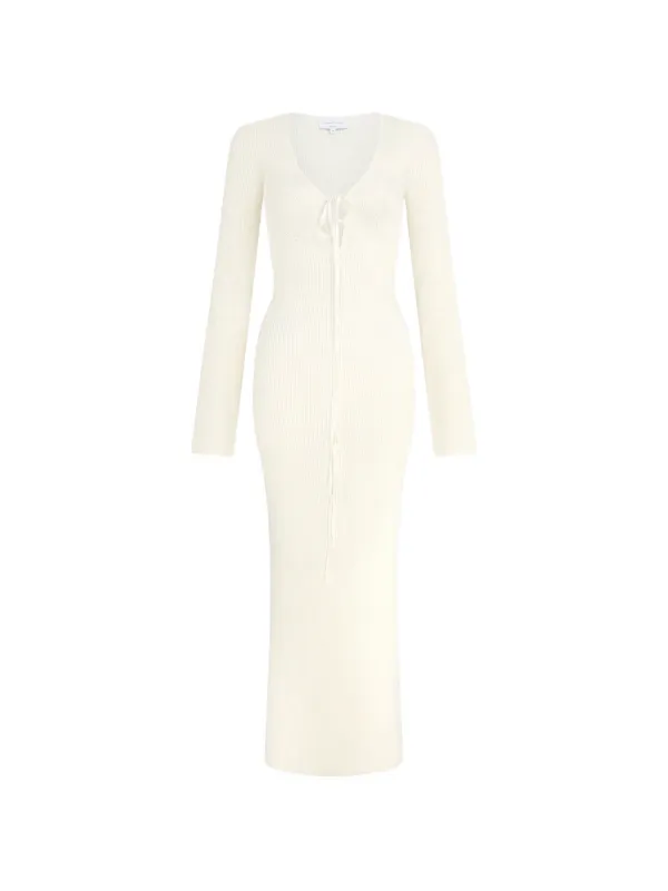 Violante Nessi Cristina V-neck Long-sleeve Midi Dress in Neutrals