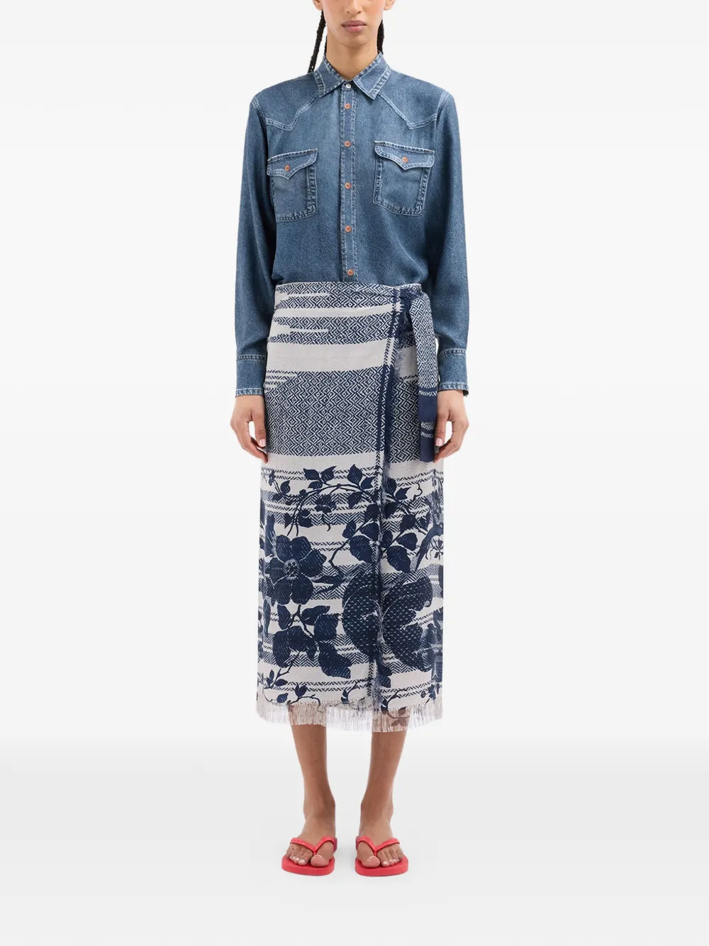  Pierre-louis Mascia Aloe Fringed Floral Wrap Midi Skirt - Blue 