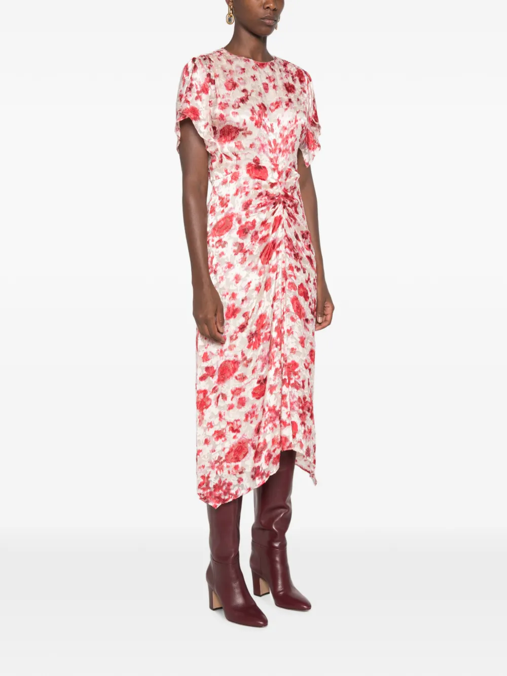 ISABEL MARANT Herva midi-jurk met gedraaid detail en bloemenprint Beige